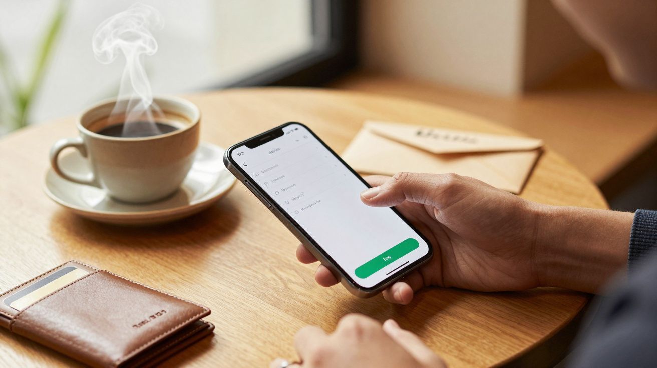 Pessoa segura um smartphone com uma aplicação aberta, ao lado de uma chávena de café e uma carteira sobre a mesa.