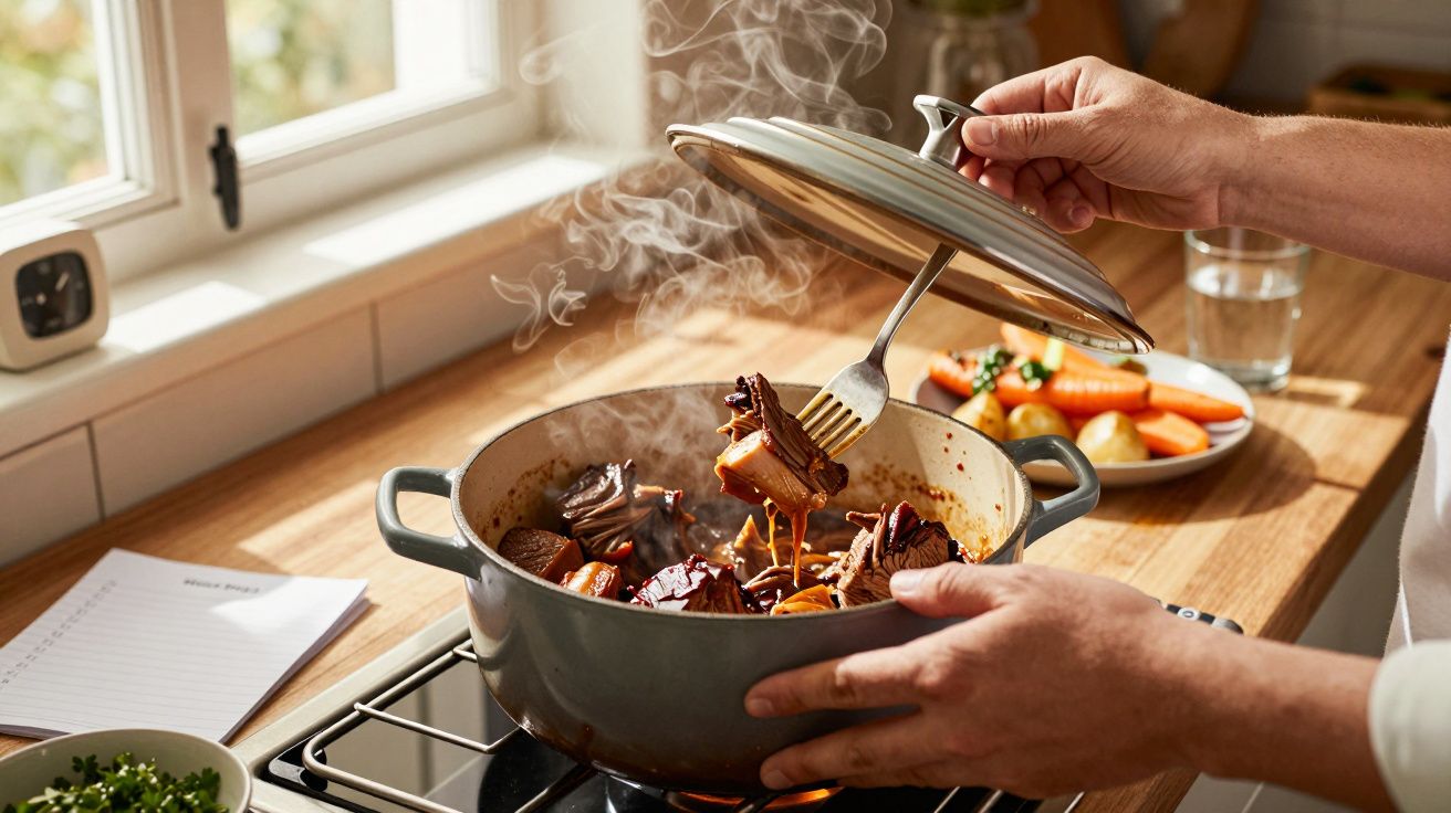 Pessoa a cozinhar guisado num tacho grande no fogão, com vapor a subir. Mesa com prato de legumes ao fundo.